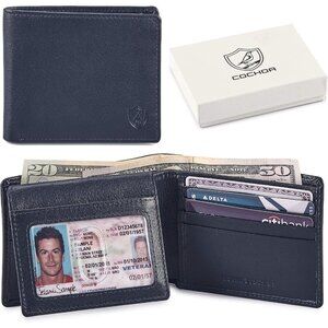 Men's Unique Metal Real Slim Dark Navy Genuine Vintage Leather Stylish Wallet